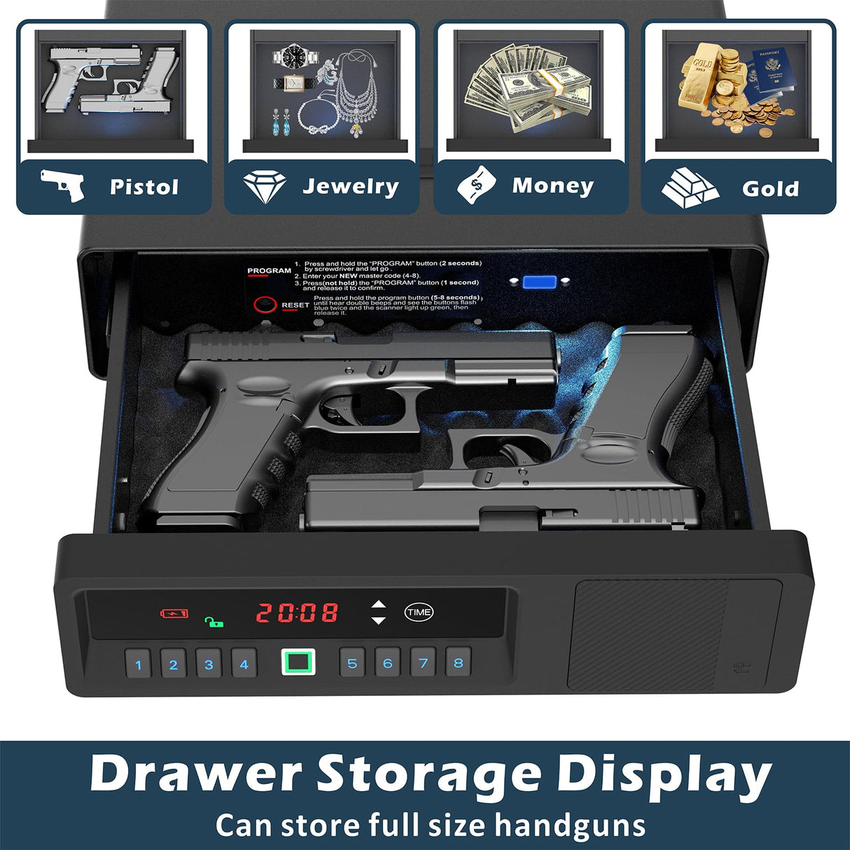 Z ZLJUAN Sliding Away Pistol Handgun Safe for Two Pistols,Quick Access Gun Safe with LCD Display of Time,Low Battery Warning,Unlock State,Drawer Safe for Nightstand Bedside Home Z ZLJUAN