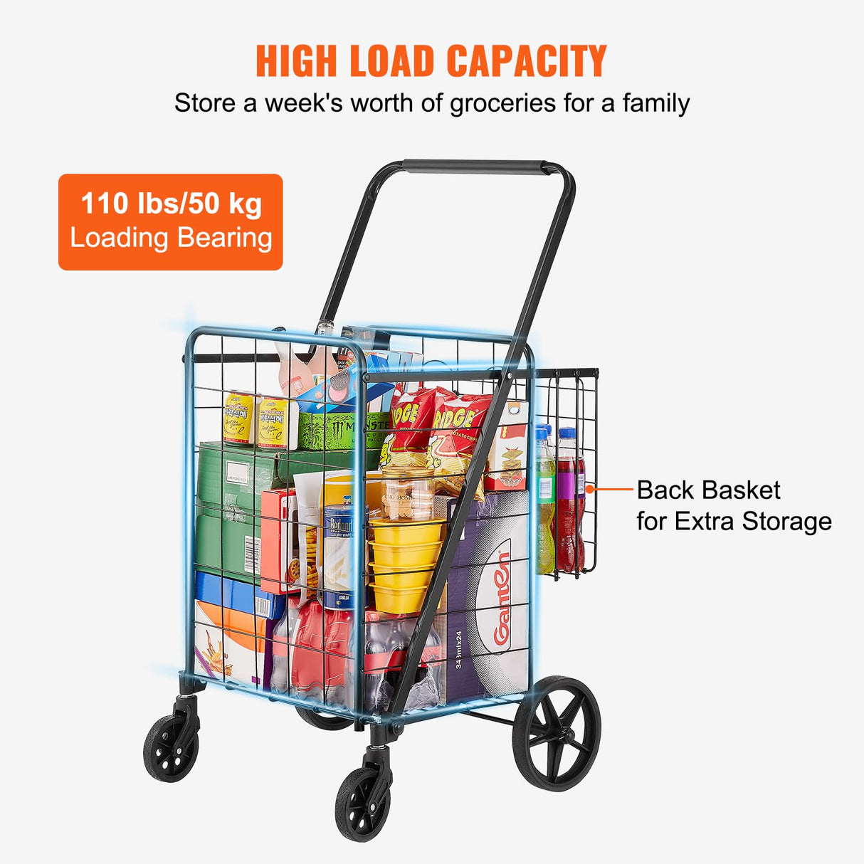 VEVOR Folding Shopping Cart, Jumbo Grocery Cart with Double Baskets, 360° Swivel Wheels, Heavy Duty Utility Cart, 110 LBS Large Capacity Utility Cart for Laundry, Shopping, Grocery, Luggage VEVOR