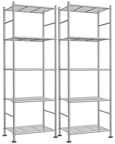 Sakugi Storage Shelves - Set of 2, 5-Tier Metal Shelf Organizer, Space-Saving Garage Shelving with Leveling Feet, Standing Shelves Organizer for Kitchen, Laundry, Pantry (18.4"x12.6"x57.4", Silver)