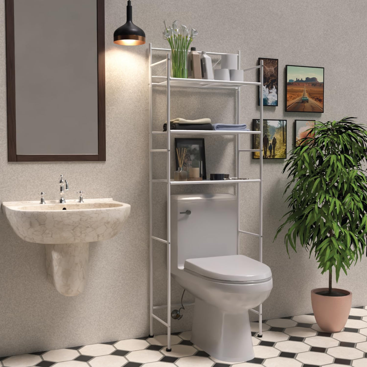 Home Zone Living Over The Toilet Bathroom Storage Organizer with 3 Tiers of Shelving Rack Space Home Zone Living