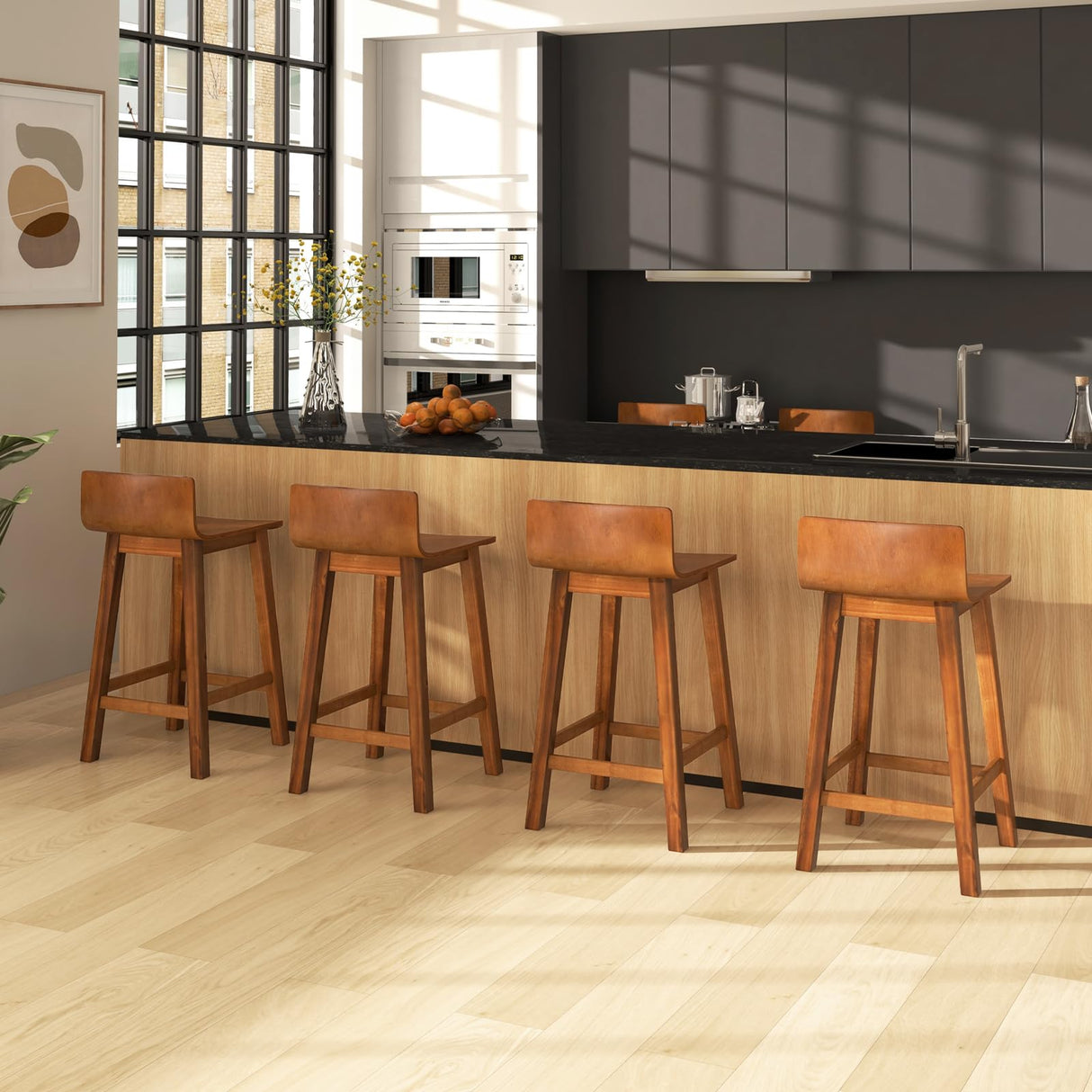 COSTWAY Solid Wood Bar Stools Set of 4, 24.5-inch Counter Height Chairs with Low Backrest and Footrest, Wooden Pub Barstools, Armless Kitchen Island Breakfast Stools for Dining Room, Cafe, Brown COSTWAY