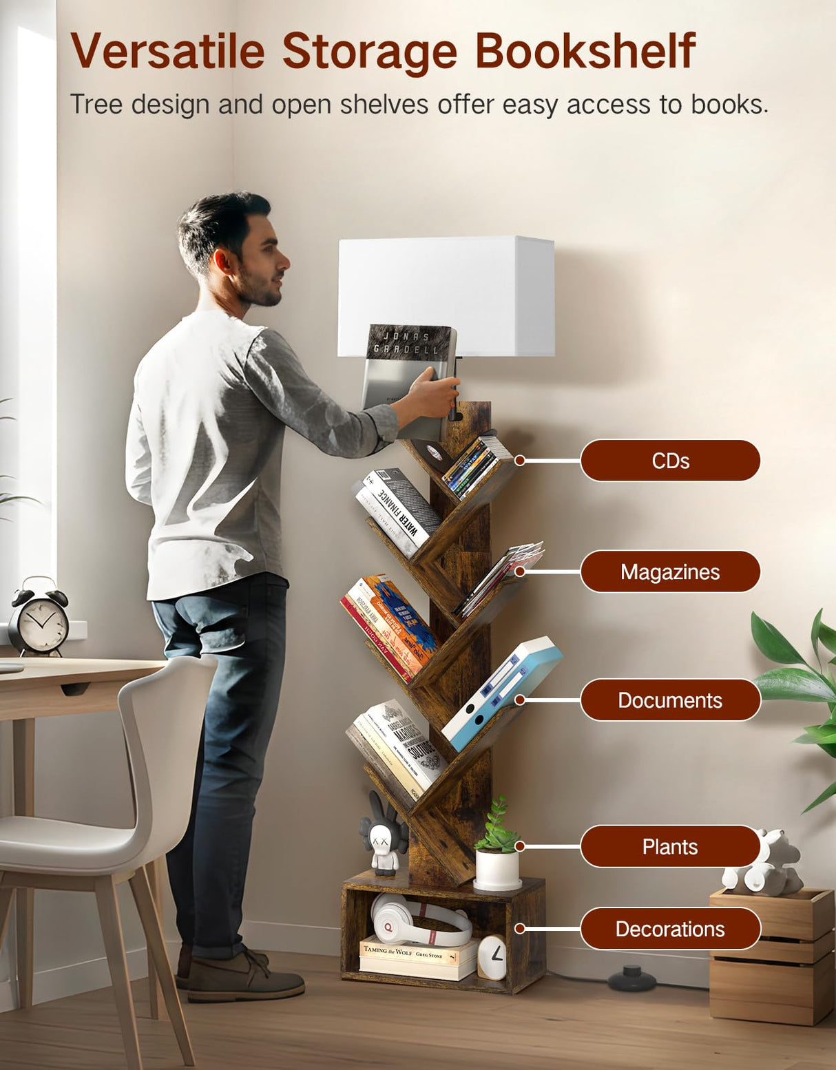 OUTONLIFE 8 Tier Tree Bookshelf with Lamp, Remote & Timer, Modern Tall Floor Standing Book Shelf, Narrow Wood Bookcase, Small Book Organizer Shelves for Living Room, Bedroom, Office (Rustic Brown) OUTONLIFE