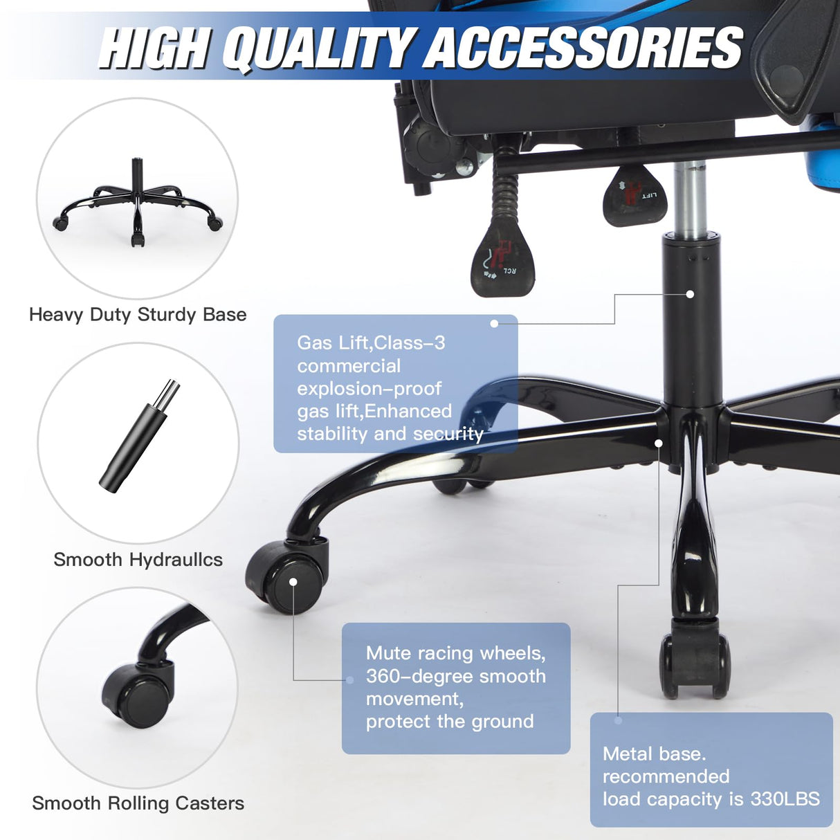 Gaming Chair with Footrest, Ergonomic Computer Chair with Headrest and Lumbar Support, PU Breathable Material Height Adjustable Video Game Chairs for Adults, BlackBlue NIONIK