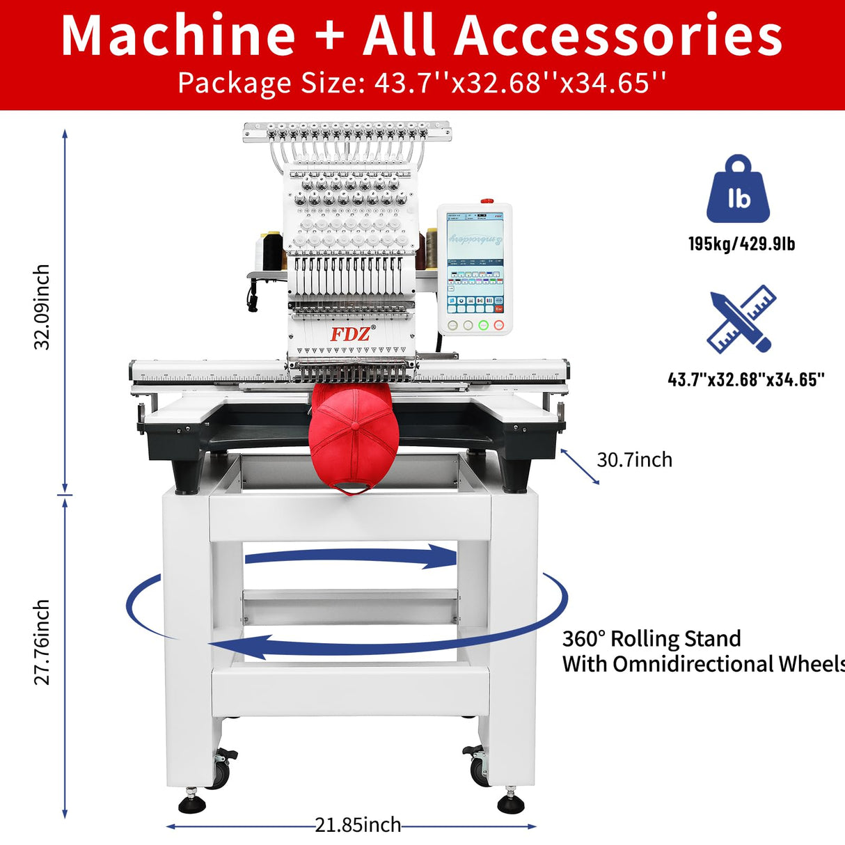 Embroidery Machine with 15 Needles,14"x20" Embroidery Area,1200SPM Max Speed,10In Touch Screen, capable of embroidering on 3D Caps, Flat, T-shirt and more,Wifi Available FDZ