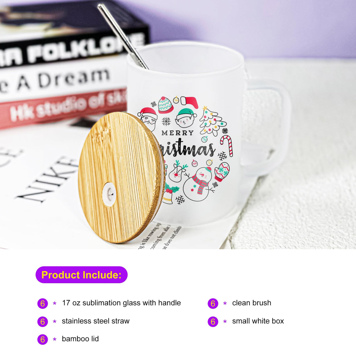 AGH 6 Pack Sublimation Glass Cups with Handles, 16oz Frosted Sublimation Blanks with Bamboo Lid and Stainless Steel Straw, Sublimation Mugs Tumbler AGH