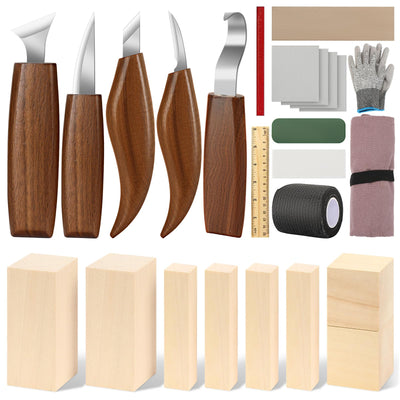 AUGSUN Wood Whittling Kit, 25 Pack Wood Carving Tools for Beginners, Hand Carving Knife Set Includes 5 Wood Carving Knives, 8 Basswood Wood Blocks, Gloves for Craft DIY Woodworking
