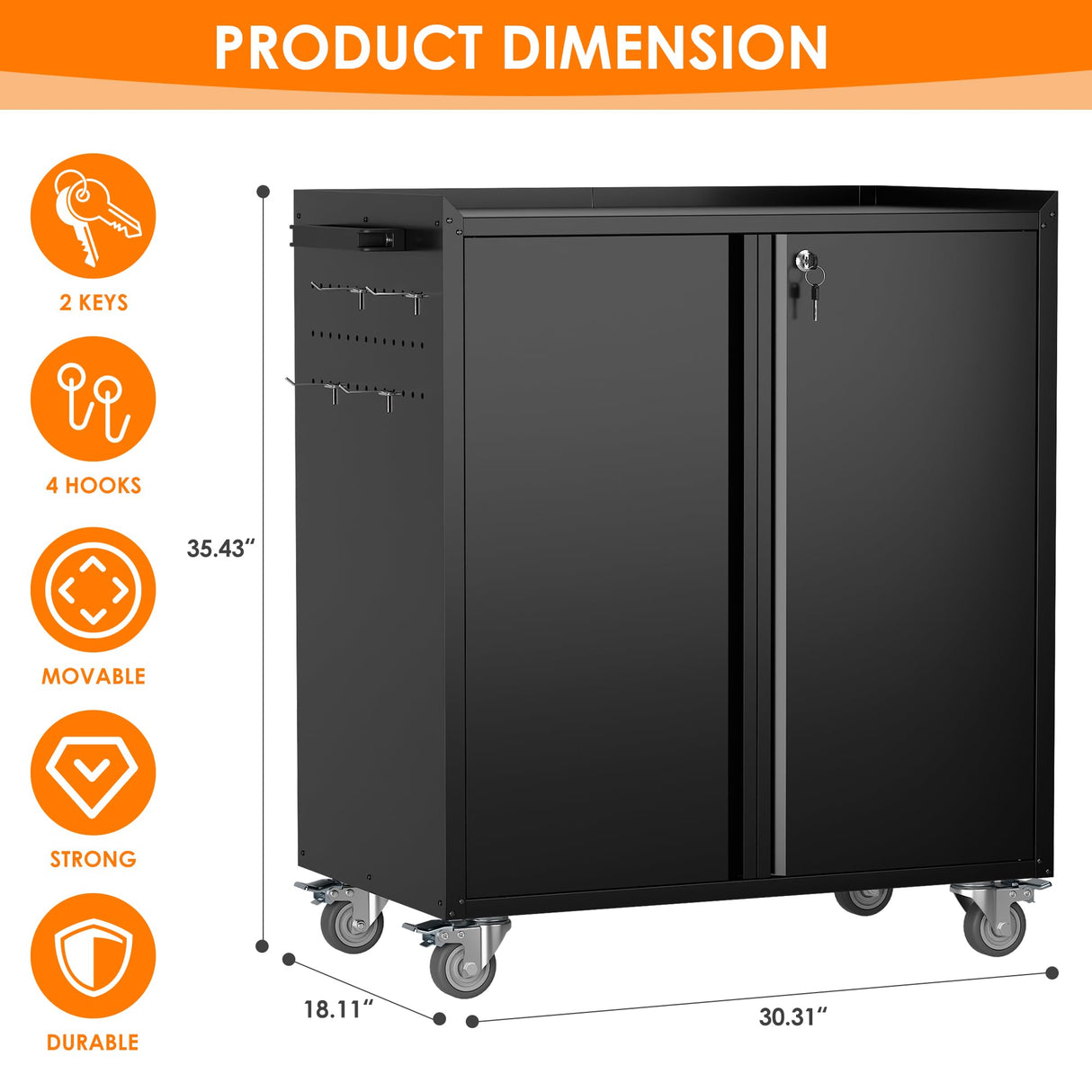 SUXXAN Metal Garage Storage Cabinet on Wheels, Black Steel Rolling Tool Cabinet with 2 Doors Pegboard a Handle Hooks Adjustable Shelves for Home Office Garage, Assembly Required SUXXAN