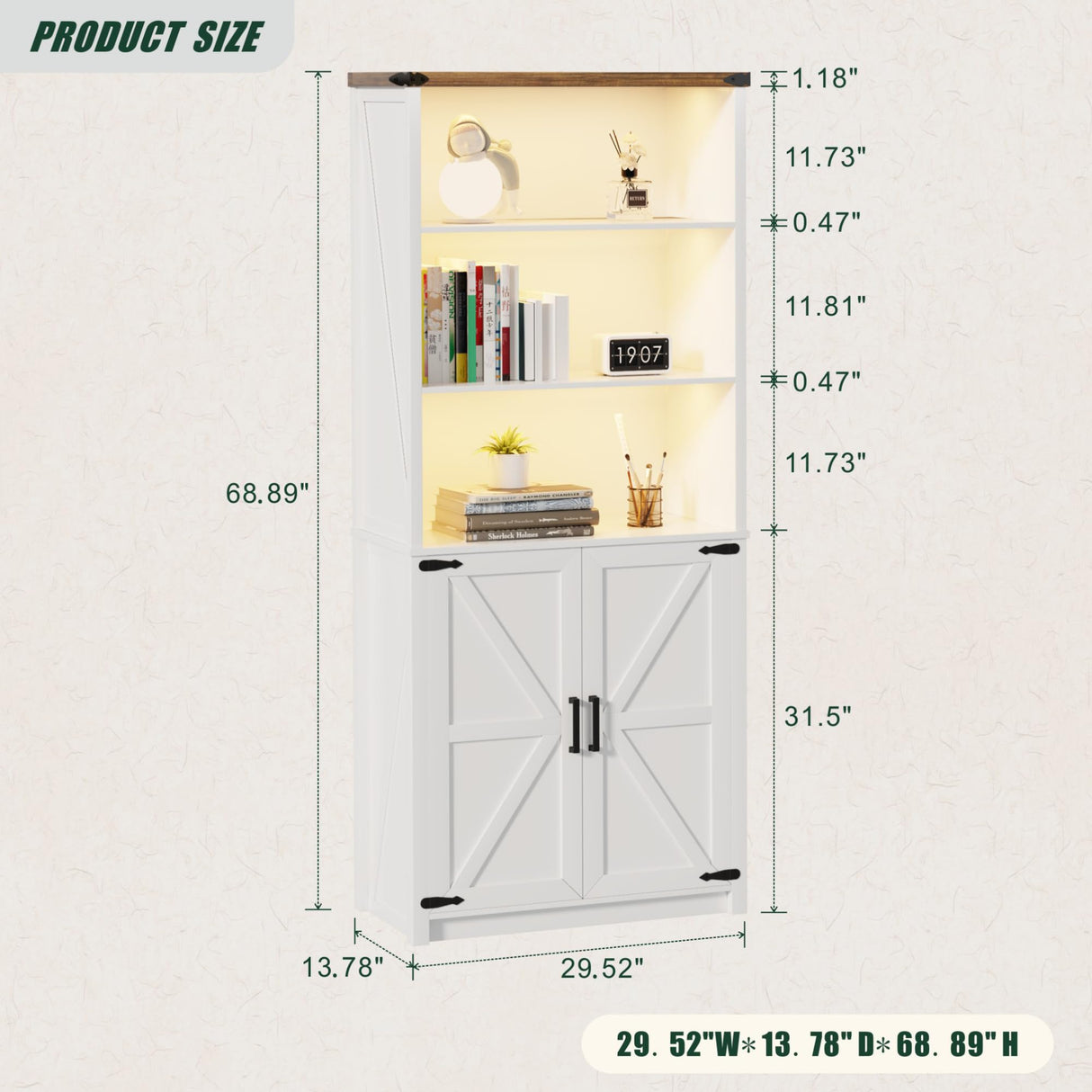 FREDEES Farmhouse White Tall Bookcase with LED Lights and Storage Cabinet, 30" W x 69" H FREDEES