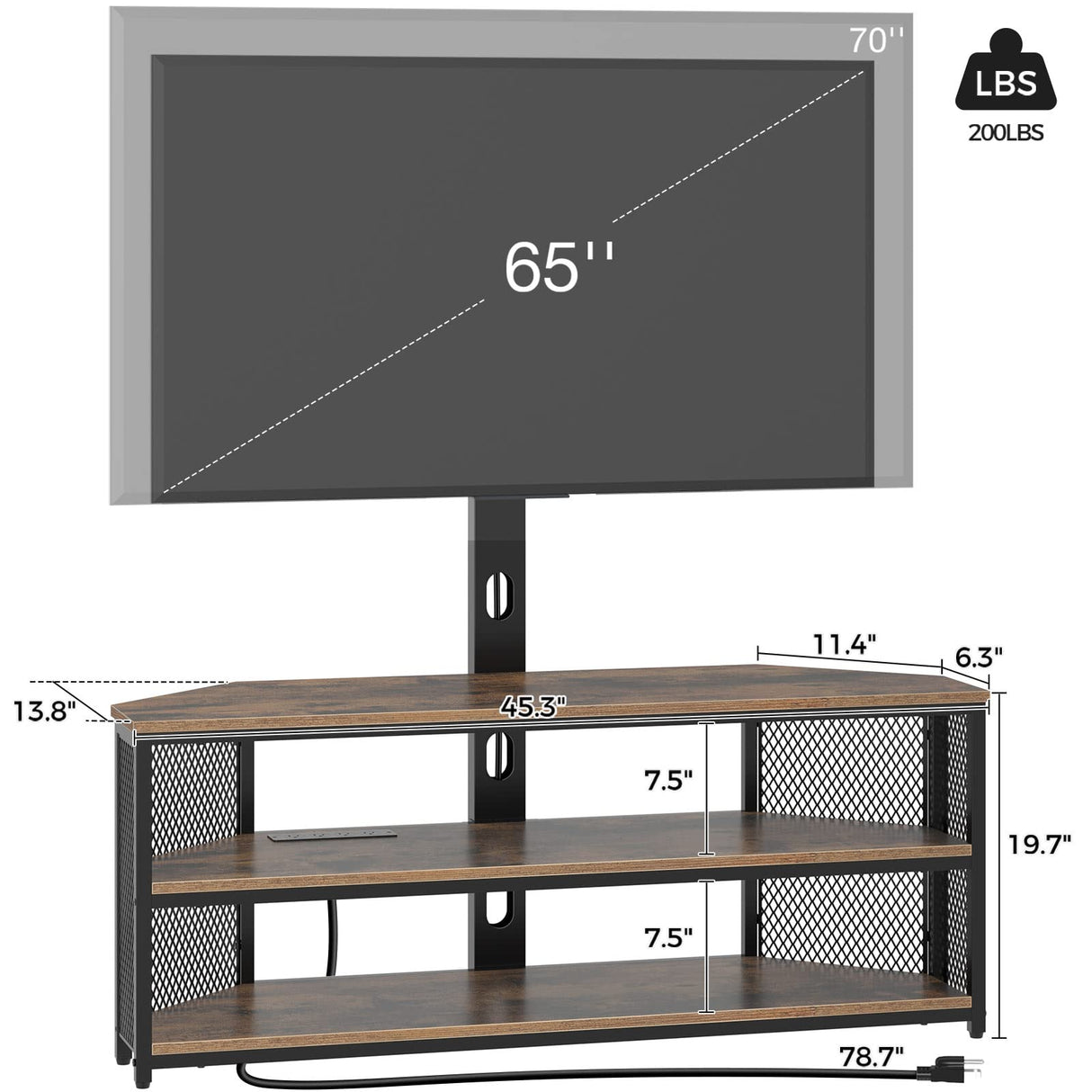 Rolanstar TV Stand with Mount and Power Outlet, Swivel TV Stand Mount with LED Lights for 32/45/55/60/65/70 inch TVs, Rustic Brown Entertainment Center Media Console with Height Adjustable Mount Rolanstar