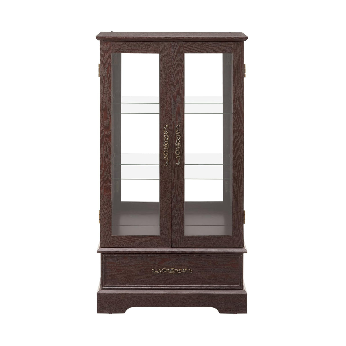 Lighted Glass Cabinet Curio Display Cabinet with Adjustable Glass Shelves 2 Doors and 1 Drawer Farmhouse Buffet Sideboard, Bulb Included, Brown Bituman