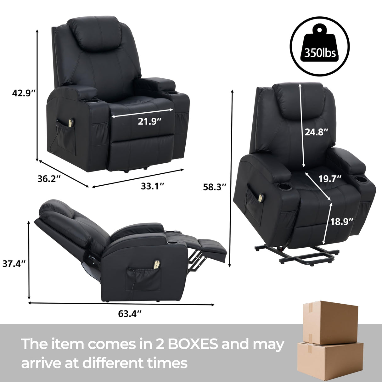 VUOVUS Power Lift Recliner Chair for Elderly, PU Leather Electric Lift Chair with Remote Control, Adjustable Footrest & Lumbar Support, Living Room Recliner with Cup Holders & Side Pockets (Black) VUOVUS