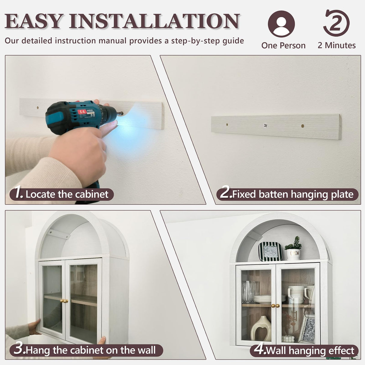 NEWOWNDS Arched Wall Cabinet,Glass Display Wall Mounted Cabinet with Tempered Glass Doors, Floating Cabinet with Adjustable Shelves for Bathroom,Living Room, Kitchen NEWOWNDS