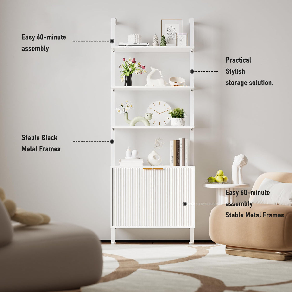 INNOD 74" Tall Bookshelf with Storage Cabinet, Modern Ladder Shelf with Wood and Metal Frame, Wall Mount Bookcase Open Display Shelf Furniture for Living Room, Bedroom, Home Office, White INNOD