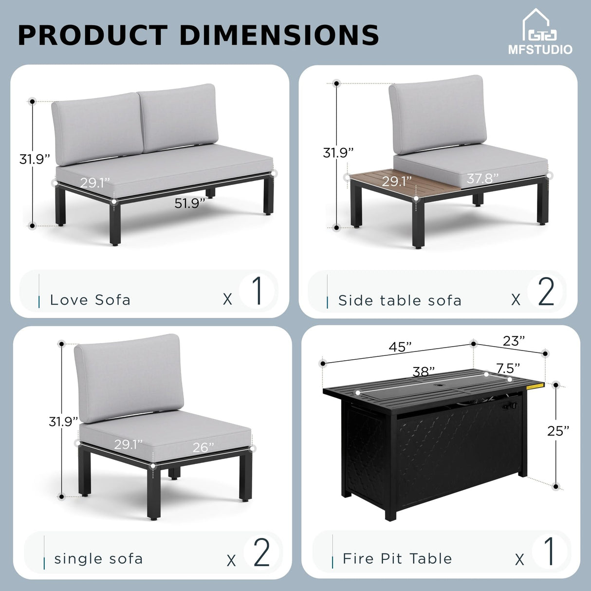 MFSTUDIO 6 Pieces Outdoor Patio Furniture Set with Fire Pit Table, Metal Outdoor Sectional Sofa Conversation Set for Backyard,Garden MFSTUDIO