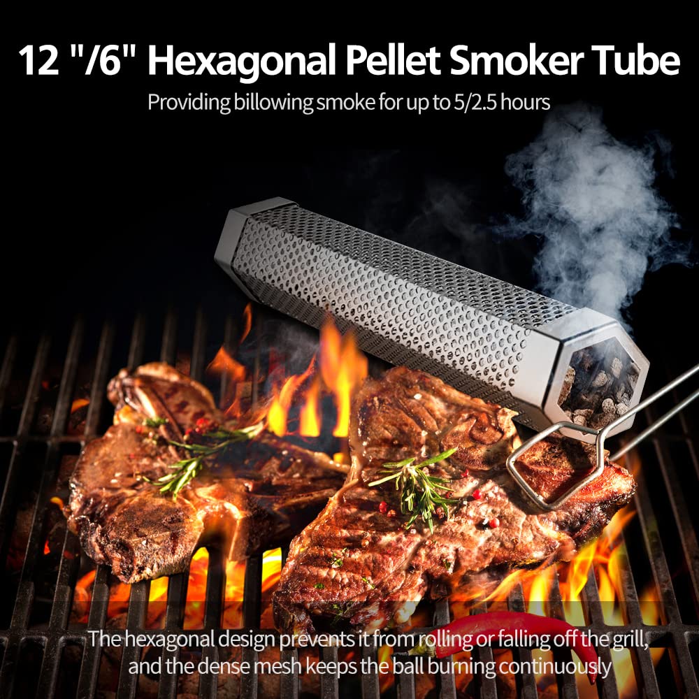 Pellet Smoker Tube Set, 6" & 12" Stainless Steel BBQ Wood Smoker Tube with Brush and 2 Hooks for 2.5hrs/5hrs of Billowing Cold/Hot Smoking for All Grills or Smokers, Smoking Cheese Beef Nuts Fish LFSEMINI