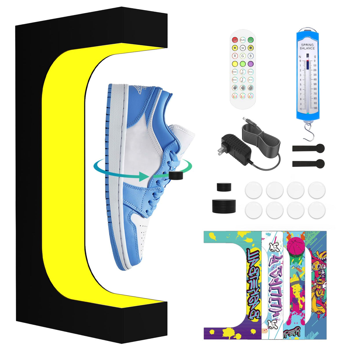 Levitating Sneaker Display, Magnetic Floating Shoe Display Stand with 360° Auto Rotation & LED Light, Levitation Sneaker Holder Rack for Shoes Collector/Advertising Exhibition/Home Decoration, Black WHDPETS