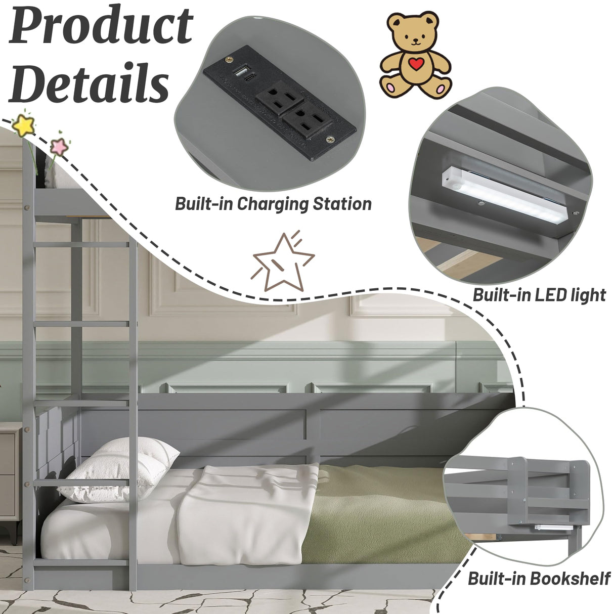 OYUMOENTS Queen Over Queen Bunk Beds for Adults, Queen Bunk Bed with Built-in Shelves & Small Bookcase, LED Light & USB Charging Station, Wooden Bed Frame with Clothes Hooks for Teens & Adults, Grey OYUMOENTS