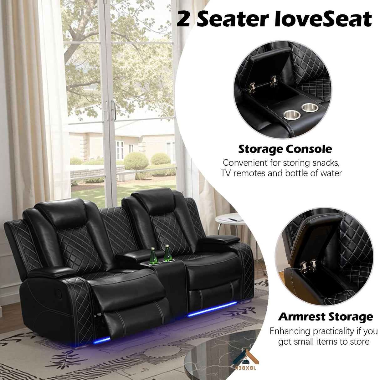 JBXBER Power Recliner Sofa Set with LED Lights, Power Reclining Sofa Set with Cup Holder, Storage Console, Faux Leather Couch for Home Theater Seating(Sofa, Loveseat and Chair,Black) JBXBER