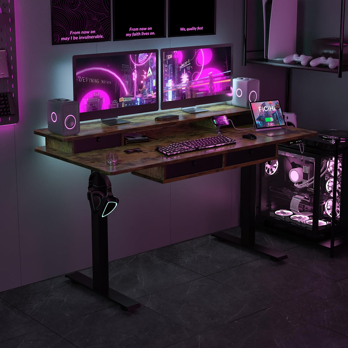 FICIHI Electric Standing Desk USB A/C Charging Port, Electric Height Adjustable Desk,63 x 30 inches Desk with 4 Drawers,Larger Table Legs,Ergonomic Workstation Suitable for Home Gaming Office FICIHI