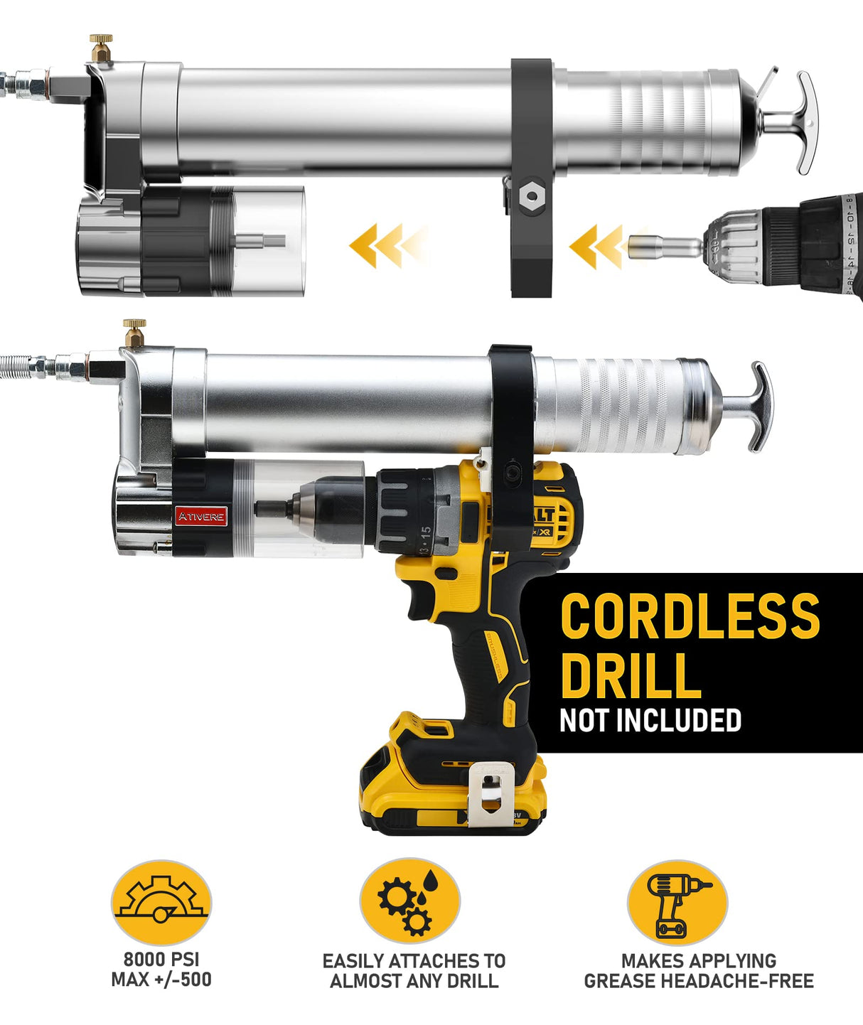 ATIVERE Electric Grease Gun Drill Adapter with 14 OZ Load, Locking Grease Gun Coupler, 12 Inch High Pressure Hose, Extension Rigid Pipe, Pneumatic Tool, Universal Conversion Gun Head ATIVERE