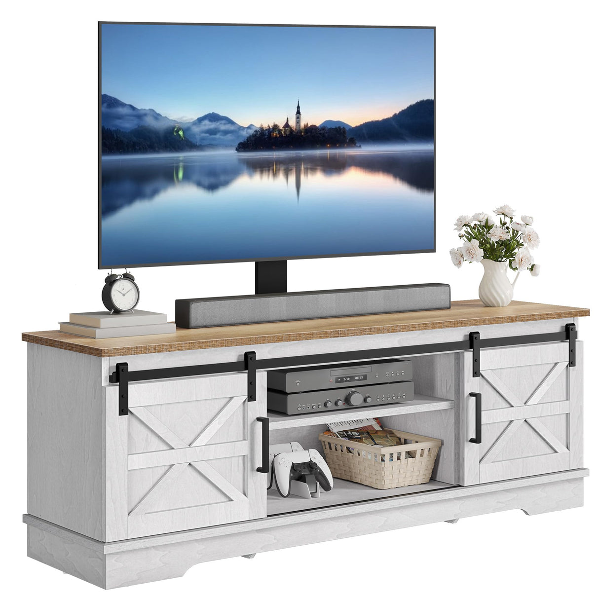 YITAHOME Farmhouse TV Stand with Mount, Television Stand Mount with 3 Height Adjustment for 32-70 inch TVs, Entertainment Center Media Console w/Sliding Barn Door for Living Room, Grey White/Grey Wash YITAHOME