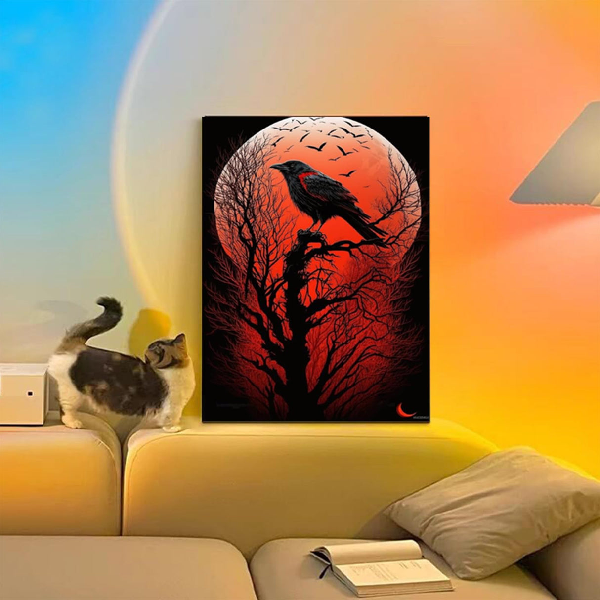 Raven with a Red Moon Diamond Painting, Diamond Art Kit for Beginners, DIY Diamond Painting with Gemstone Crystal Home Wall Decor 12x16 inch HMDIIMGE