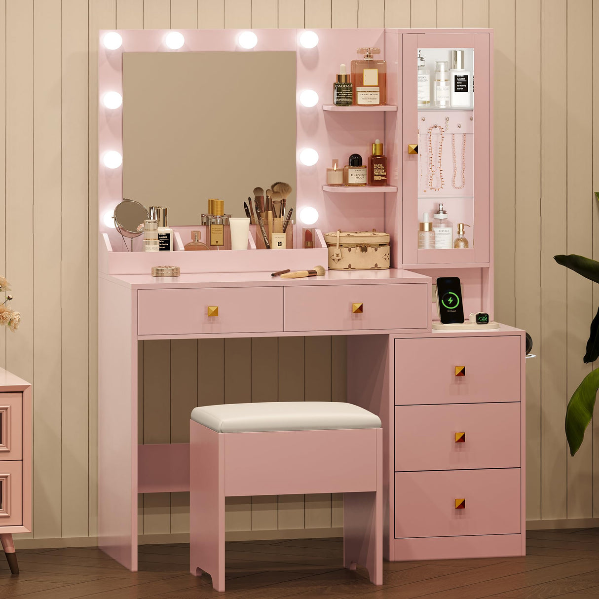 Vanity Desk with Mirror and Lights, Pink Makeup Vanity with 5 Drawers Hidden Jewelry Organizer& LED Glass Cabinet,3 Lights Mode and Brightness Adjusted,Vanity Mirror with Lights Desk and Chair HUANLEGO