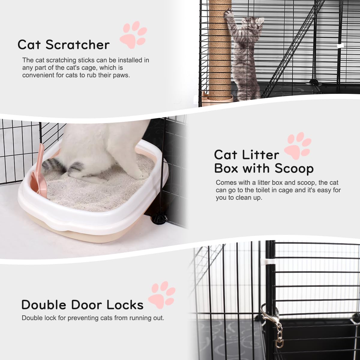 BriSunshine Cat Cages Indoor, 3 Tier DIY Cat Enclosure with Large Hammock, Metal Wire Pet House Kennels Crate Catio with Litter Box, Bed, Scratchers, Bowl, Stairs for 1-2 Cats BriSunshine