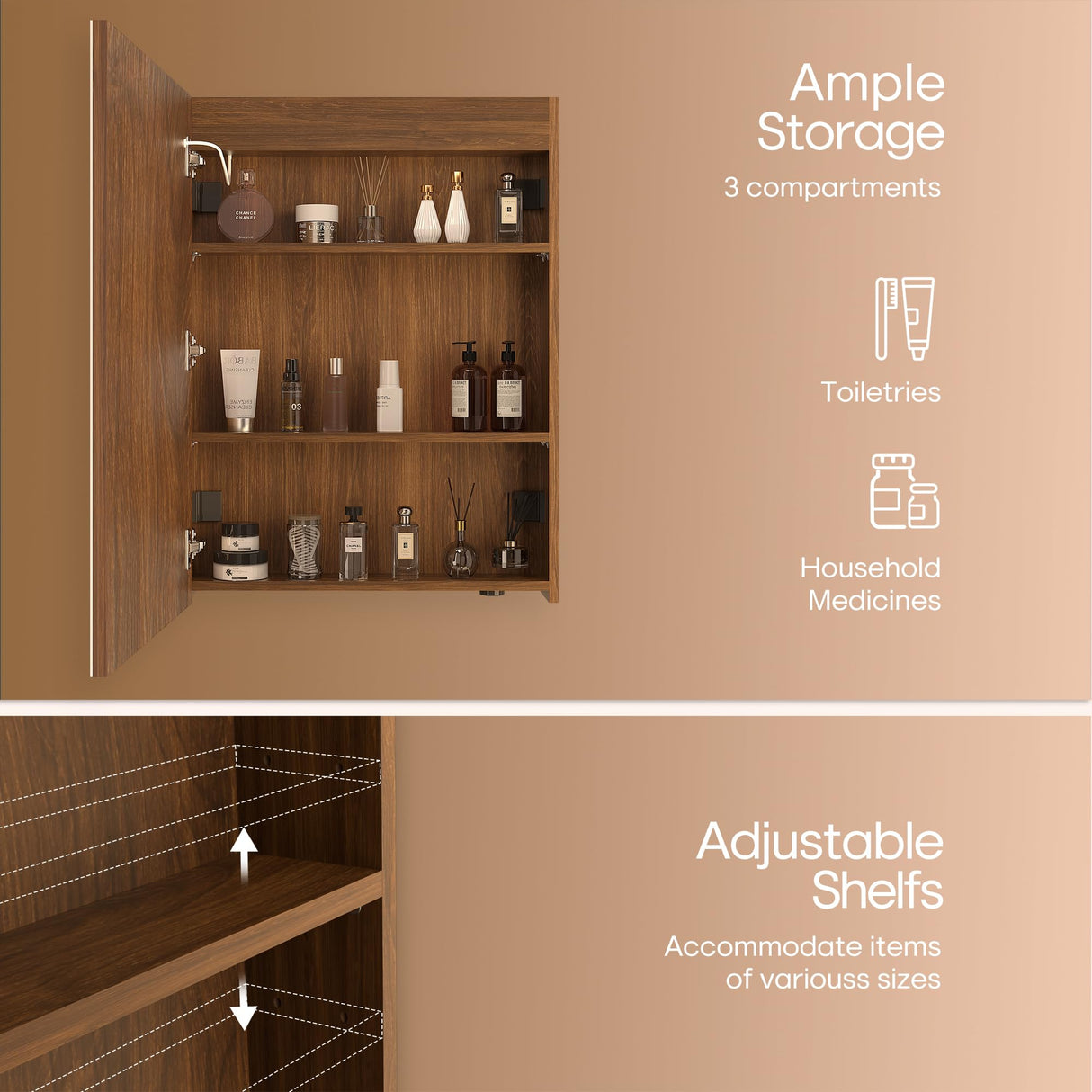 Réflexon 28x20 inch LED Lighted Medicine Cabinet with Mirror, Moisture-Resistant Wood, Stepless Dimmable, 3000K/5500K, Defogger, Adjustable Shelf, Flat-Pack Design – Assembly Required (Walnut) Réflexon