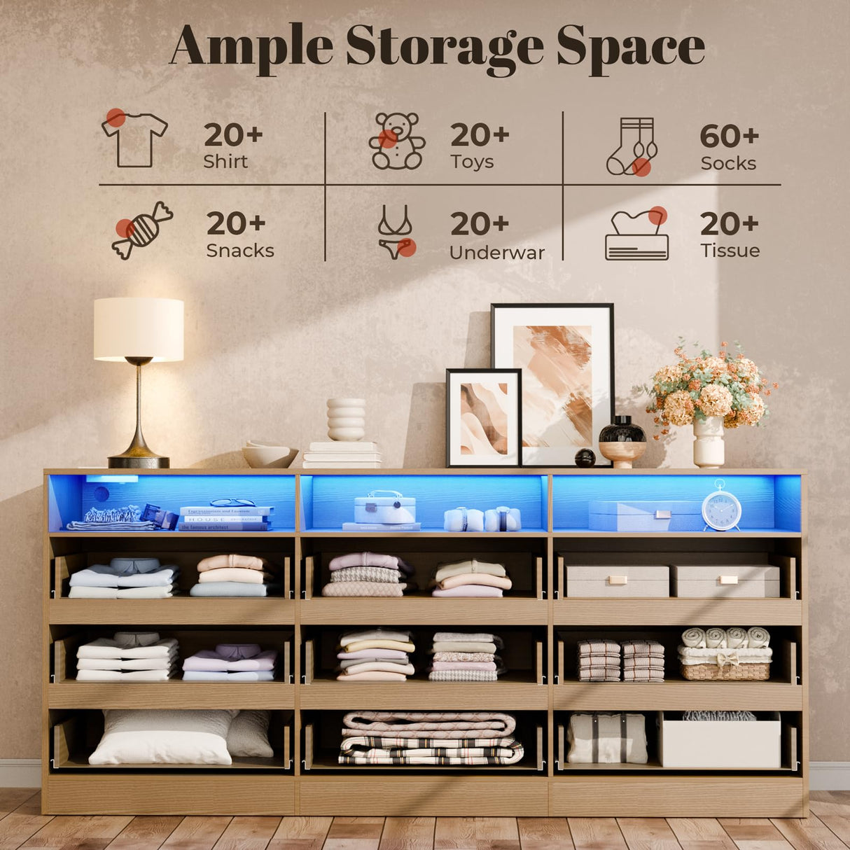 STIKELY 9 Drawer Dresser for Bedroom with Power Outlet and LED Light, Dresser Chest of Drawers for Closet, Modern Dressers Organizer Cabinet for Living Room, Entryway, Hallway STIKELY