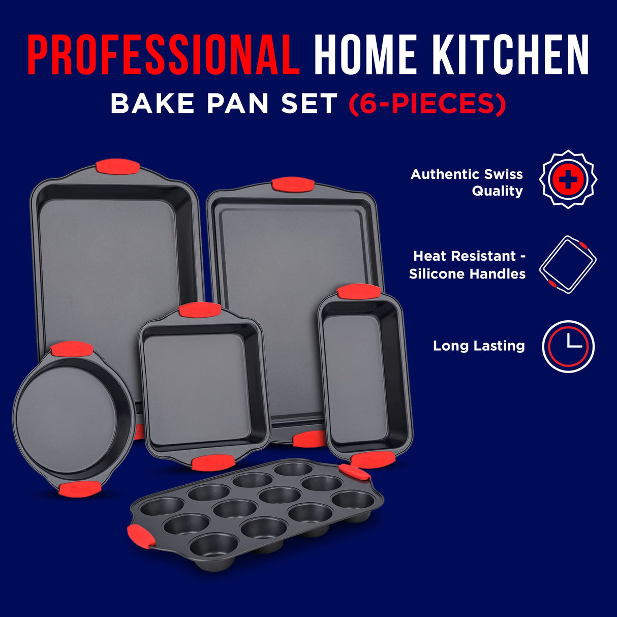 BAKKENMASTER Baking Set – 6 Piece Kitchen Oven Bakeware Set – Deluxe Non-Stick Black Coating Inside and Outside – Carbon Steel – Red Silicone Handles – PFOA PFOS and PTFE Free by Bakken Bakken- Swiss