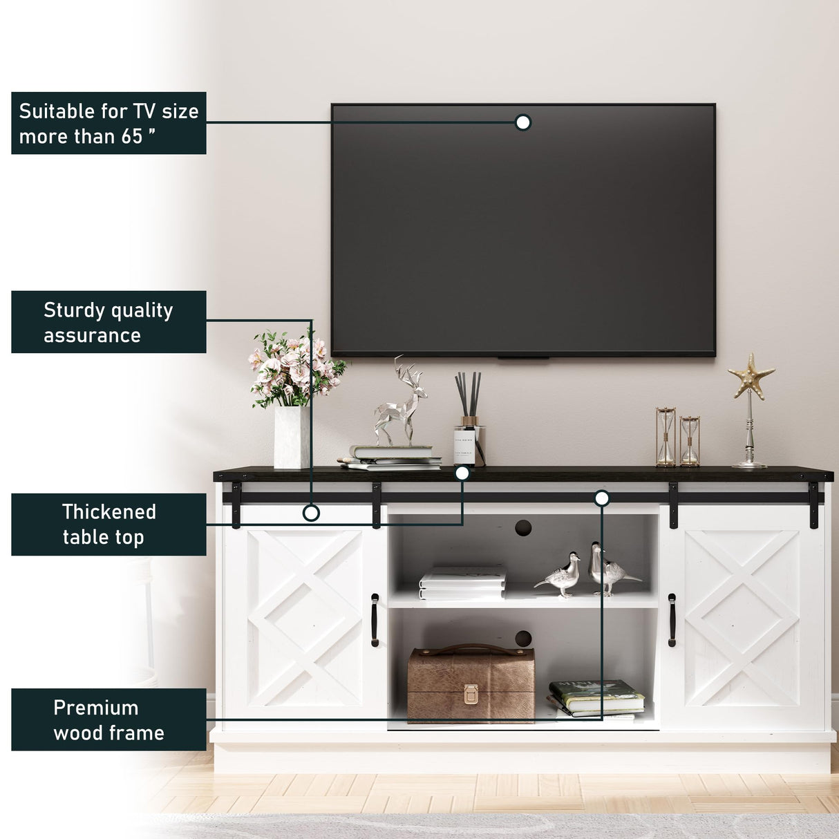 Boyel Living Farmhouse TV Stand for TVs up to 65 Inches,Farmhouse Entertainment Center with 2 Slicing Barn Door,Tv Consol for Living Room,Morden White Boyel Living
