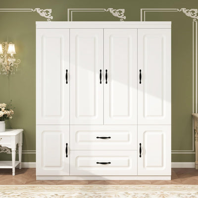 Keloyid Armoire Wardrobe Closet: White Wood Large Bedroom Armoires Wood Wardrobe Cabinet with 4 Door 2 Drawers Tall Closet with Shelves and 2 Hanging Rail Room