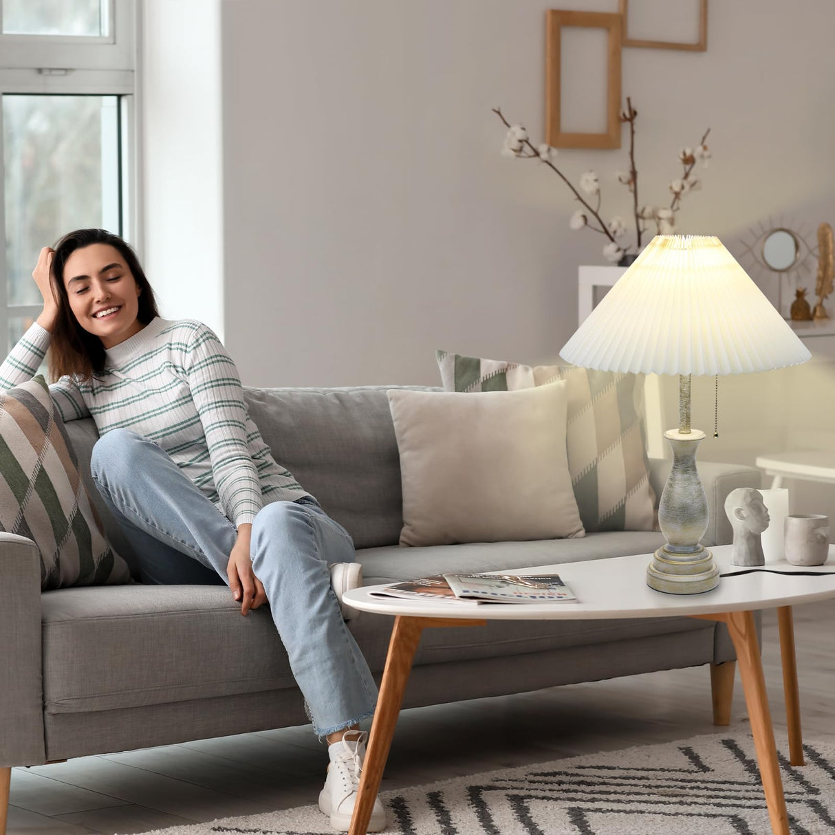 Farmhouse Table Lamp with Pull Chain Switch Control 3-Way Dimmable Table Lamp, Modern Nightstand Lamp Bedside Desk Lamp with Fabric Shade for Living Room Bedroom Hotel (Metal-Pack-01) LALISU