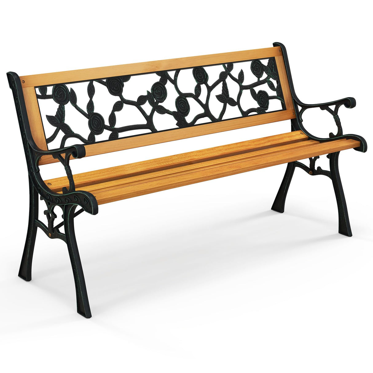 Tangkula Outdoor Garden Bench Park Bench, Patio Iron Bench Chair with Cast Iron & Hardwood Structure, Weather Proof Porch Loveseat, Perfect for Backyard, Deck, Lawn, Poolside Tangkula