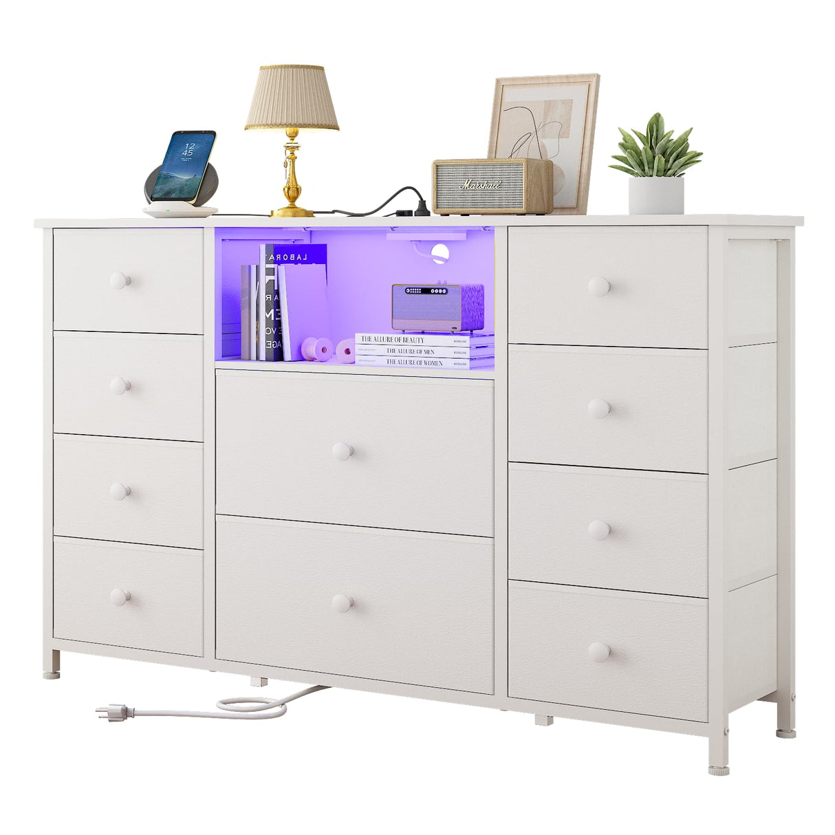 LDTTCUK Dresser with Charging Station and LED Lights, Long Dresser for Bedroom Dresser TV Stand with 10 Drawers, Fabric Chest of Drawers with PU Finish, Wide Dresser Storage Organizer, White LDTTCUK