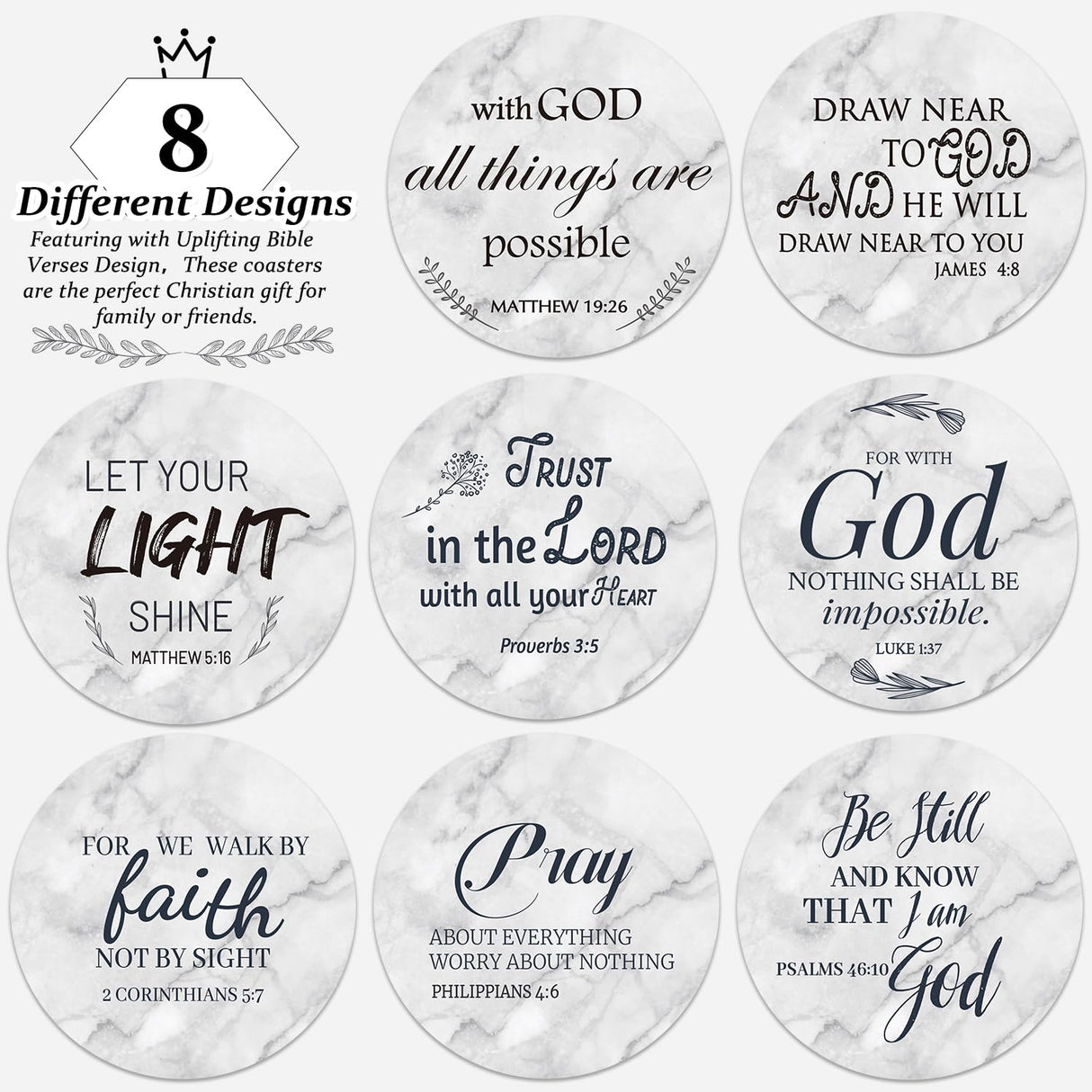 Billbotk Ceramic Coasters with Bible Verses, Coasters Set of 8 with Holder, Absorbent Drink Coasters for Home Decor and Christian Gifts, 4 Inches Billbotk