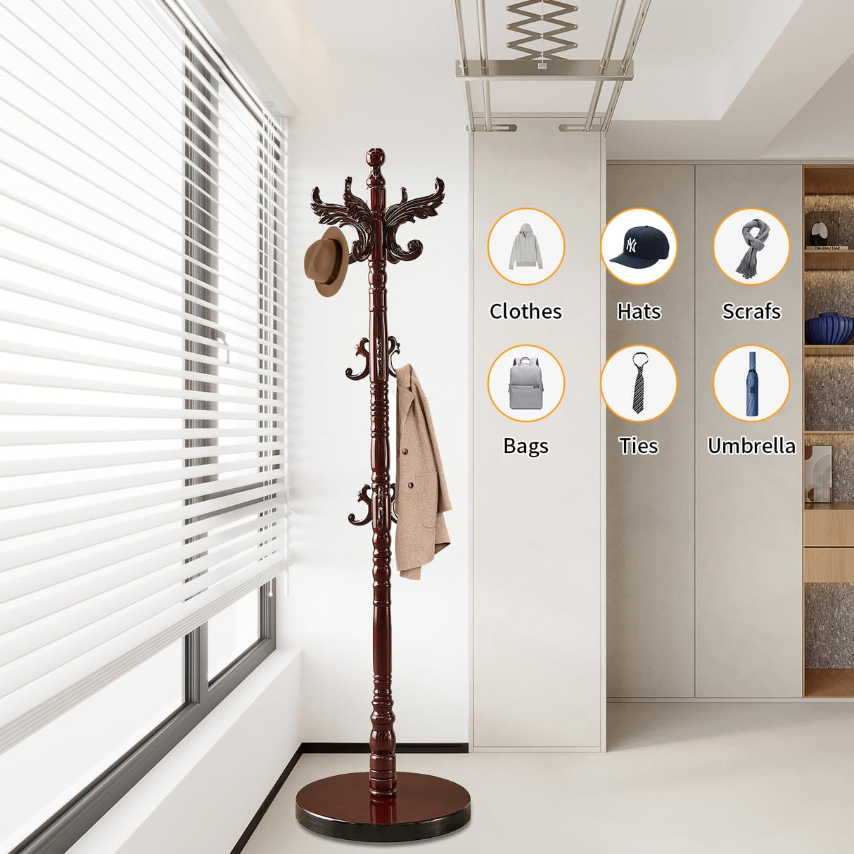 Snaikor Wooden Coat Rack Stand, Vintage Natural Birch Wood Coat Racks Freestanding, Solid Coat Tree Stand with 14 Hooks, Classic Sturdy Coat Racks Hall Tree for Entryway, Office (Round chassis) Snaikor