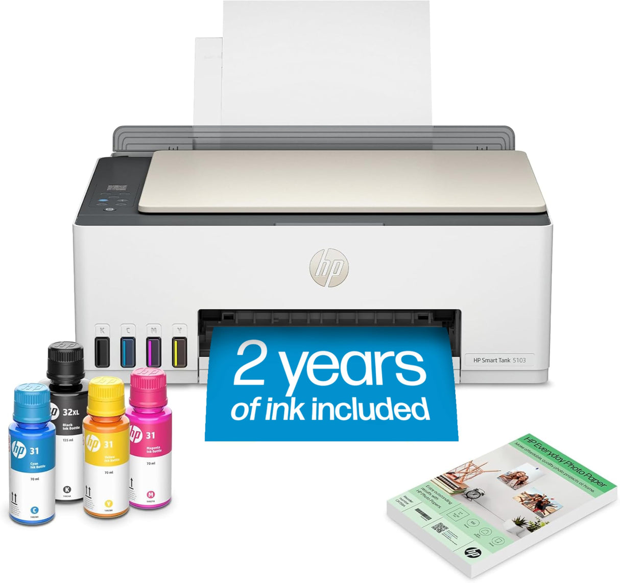 HP Smart Tank 5103 Wireless All-in-One Ink Tank Printer with 2 Years of Ink and 100sheets of Photo Paper Included, Print, scan, Copy, Best-for-Home, Refillable Ink Tank(5D1B2A) HP