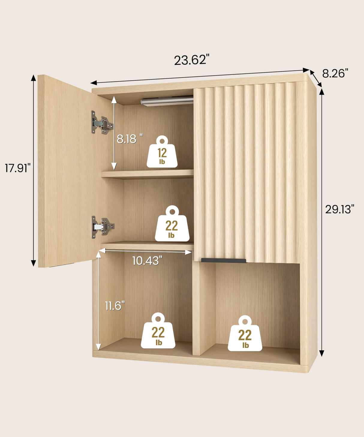 HAIOOU Fluted Bathroom Wall Cabinet with Motion Sensor Light, Curved Profile Wooden Medicine Cabinet Wall Mounted Cupboard, Wave Like Over Toilet Storage Cabinet with Buffering Hinges - Natural HAIOOU