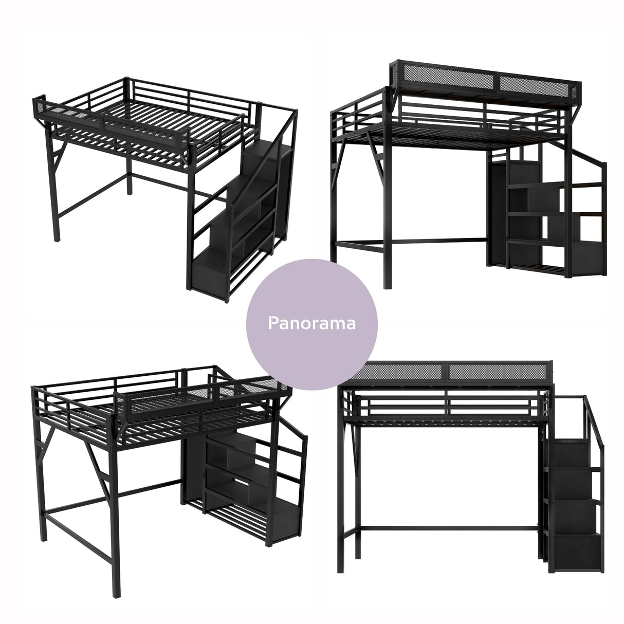 Queen Loft Beds with Storage Beside Shelves and Wardrobe, Metal Loft Bed Queen with LED Lights and USB Ports, Heavy-Duty Loft Bed Frame for Teens, Adults, Noise-Free & Space-Saving, Metal Black Bellemave
