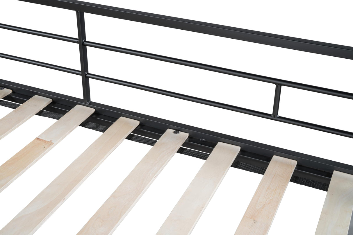 DNYN XL Over Queen Metal Bunk Bed with Trundle and Wood Slat Support in Black - Space-Saving Design for Kids and Guests DNYN