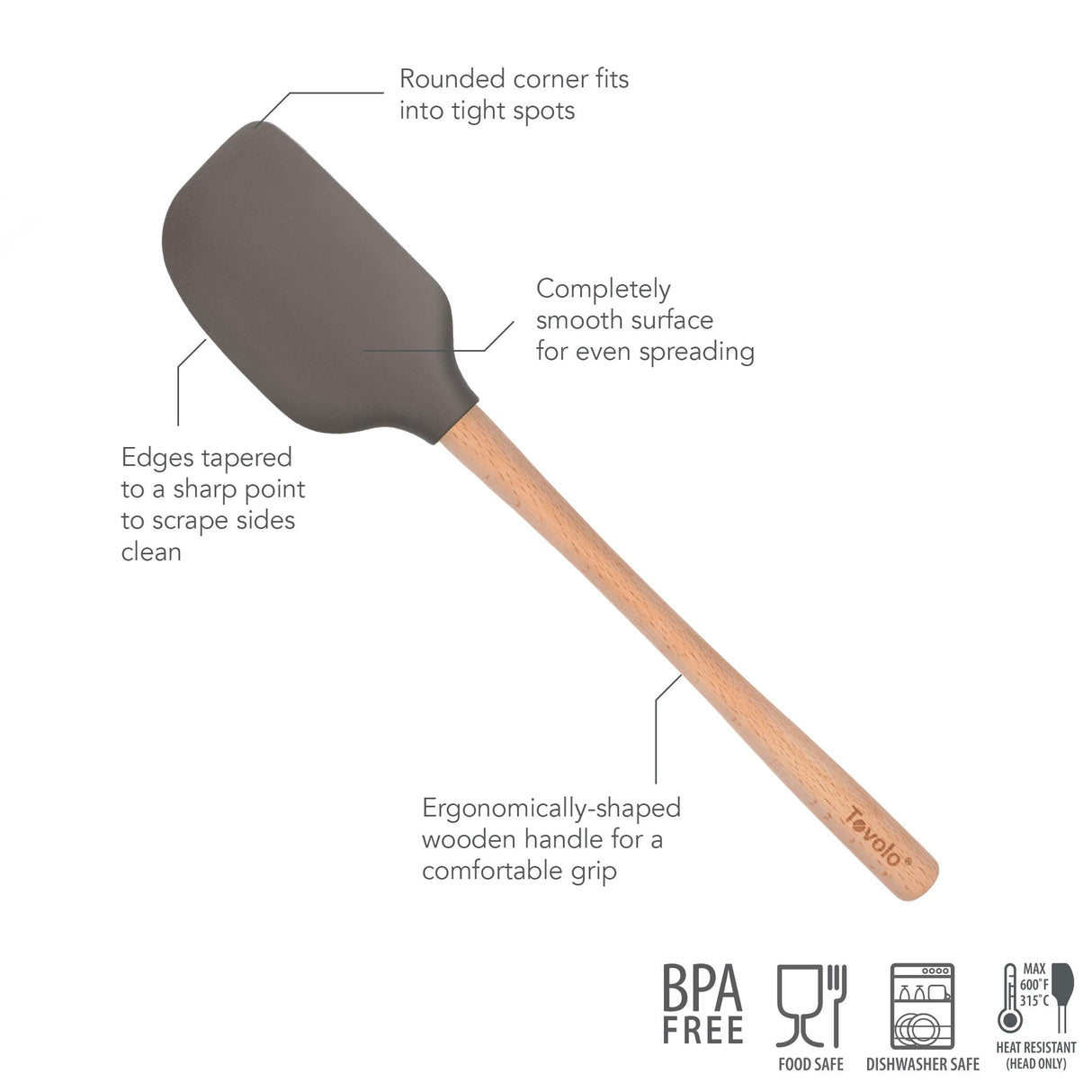 Tovolo Flex-Core Wood Handled Silicone Spatula, Charcoal Tovolo