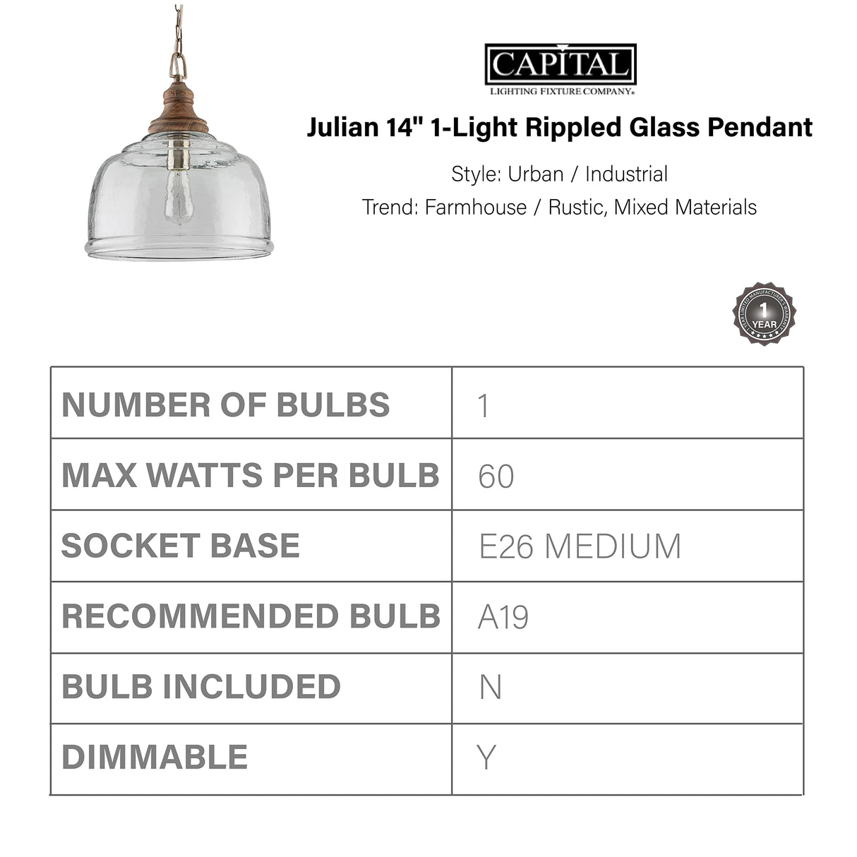 Capital Lighting 330318GY Julian Coastal Style Clear Organic Rippled Glass Pendant with Handcrafted Mango Wood Finial, 1-Light 60 Watt, 16" H x 14" W, Grey Wash Capital Lighting Fixture Company