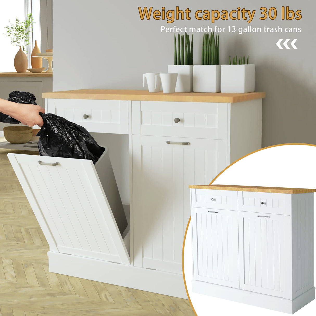 Betterhood Tilt Out Trash Cabinet 10 Gallon Wooden Free Standing Laundry Sorter Cabinet,Recycling Cabinet with Hideaway Drawer,Tilt Out Trash Cabinet Can Bin Kitchen Betterhood