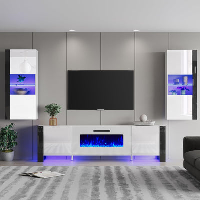 AMERLIFE 3 Piece Modern Wall Unit Entertainment Center Set, High Gloss 70" Fireplace TV Stand with 36" Electric Fireplace, 2 LED Wall Cabinets with Storage for Living Room, White