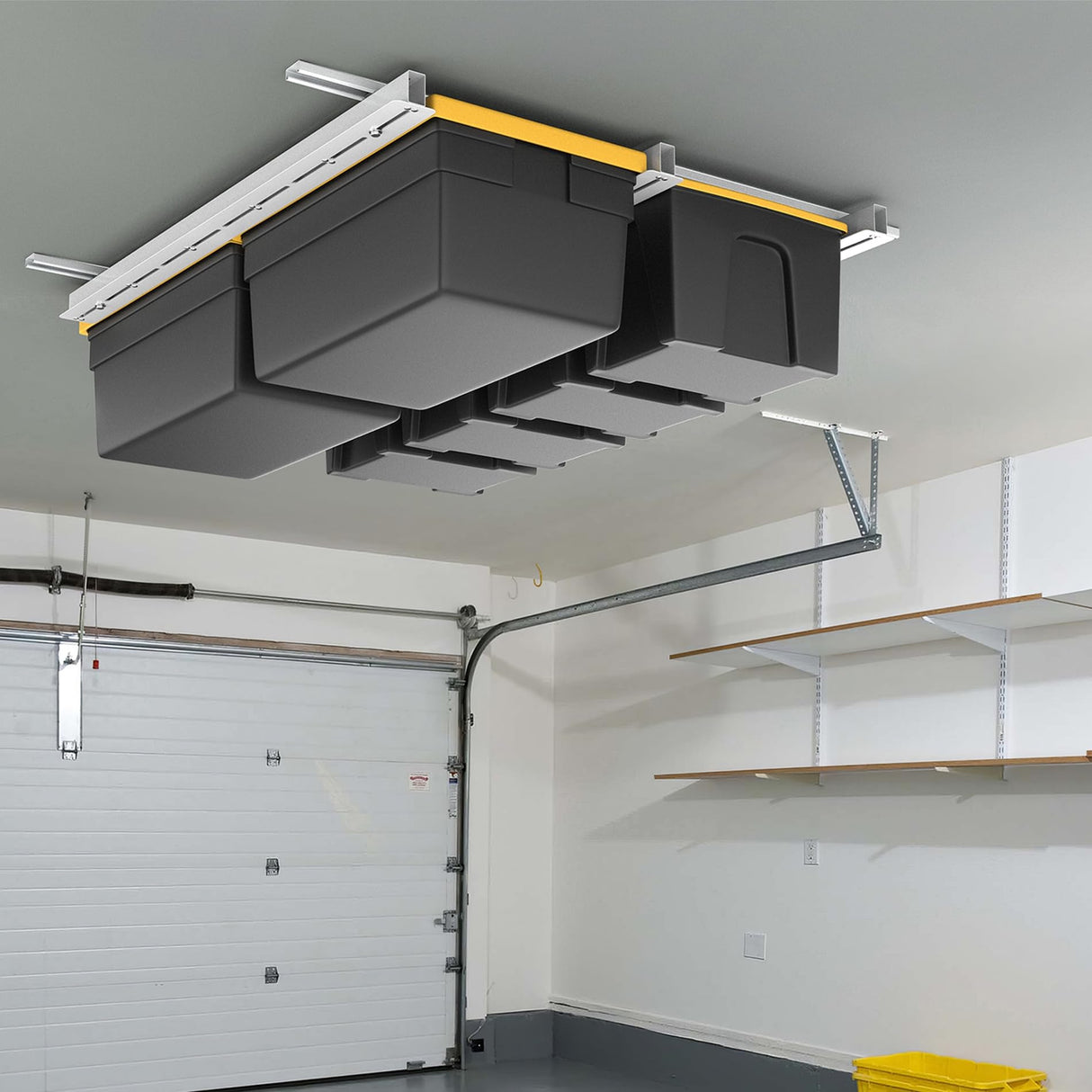 WALMANN Overhead Tote Storage Rail System, Garage Ceiling Bin Storage Rack Heavy Duty Adjustable Tote Slide Rails(White, Bins not Included) WALMANN