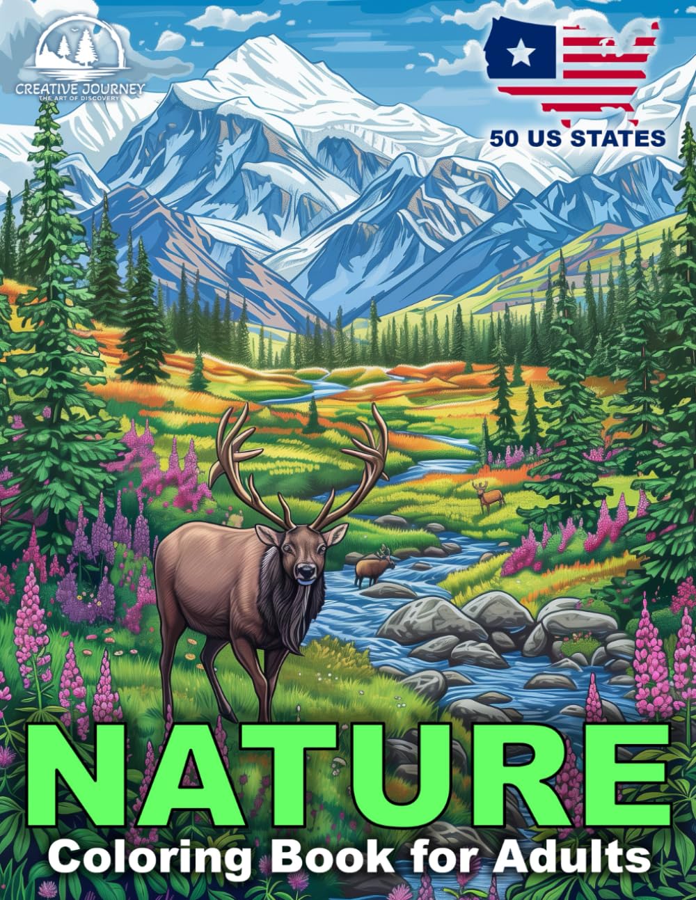 Nature Coloring Book for Adults: Relaxing Landscapes and Beautiful Scenes with Animals across 50 US States for Mindful Stress Relief. (Creative Journey) WoodArtSupply