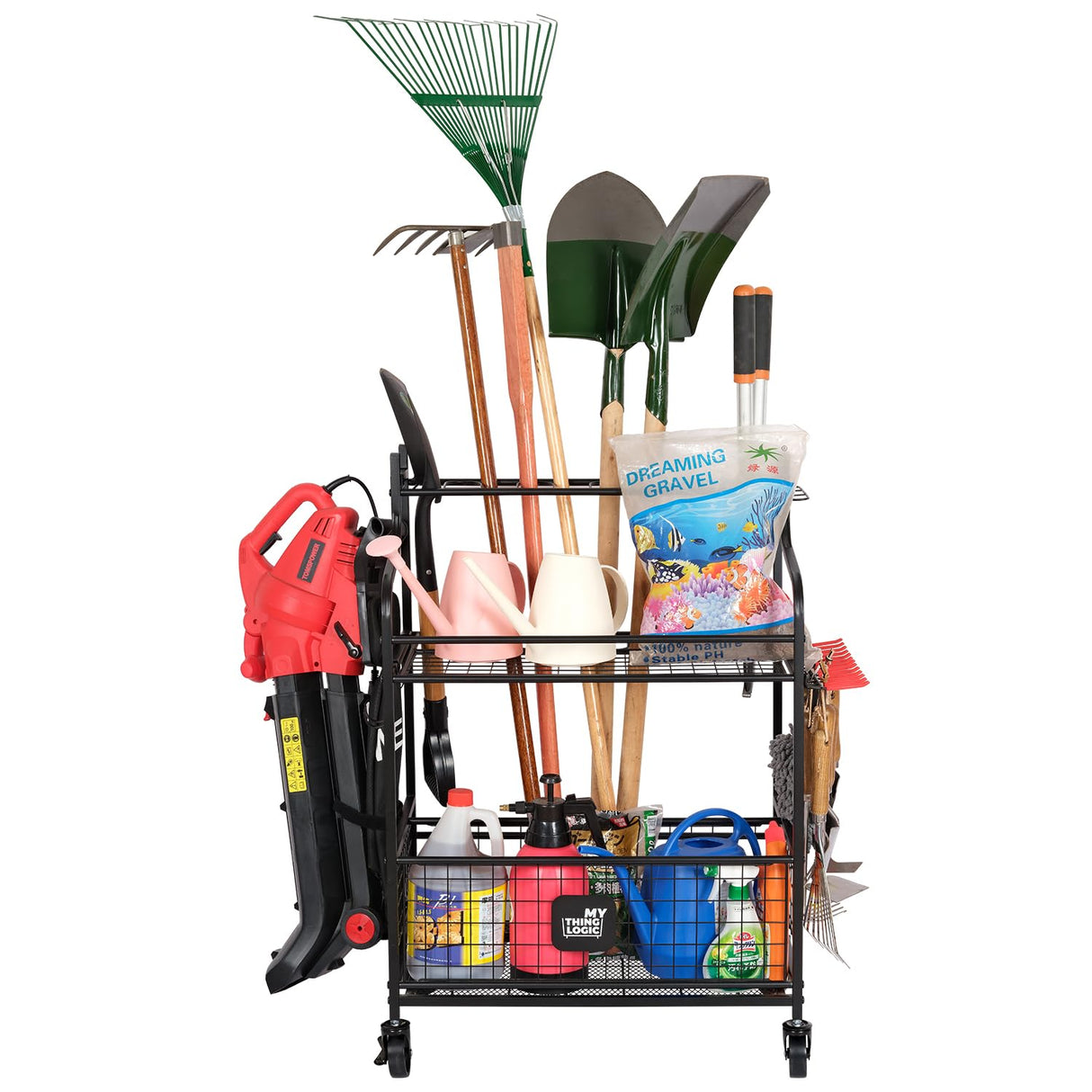 Mythinglogic Garden Tool Organizer for Garage, Yard Tool Rack with Wheels, Garage Organizers and Storage Holder for Yard Tools (Deluxe Tower) Mythinglogic