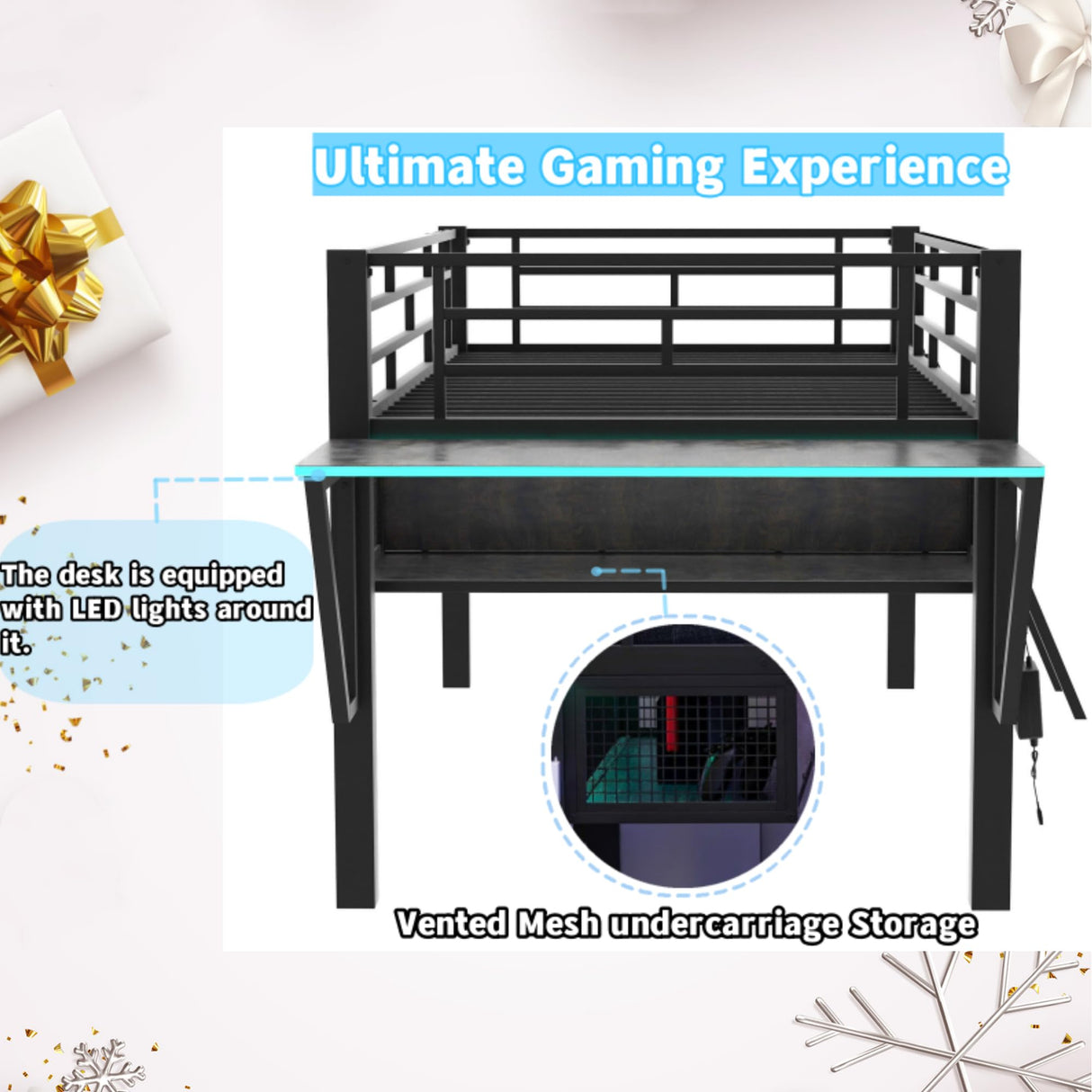 Linique Black Twin Size Gaming Loft Bed with Desk, LED Lights, and Staircase Linique